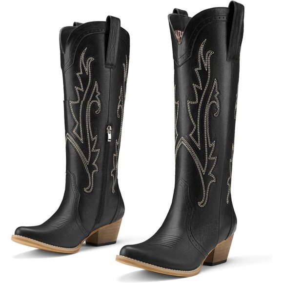 Women's Black Embroidered Knee-High Western Boots Pointy Toe with Chunky Heel - Picture 1 of 5